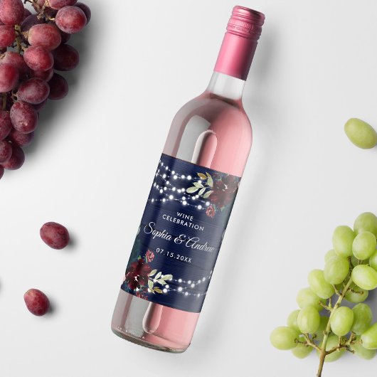 Rustiek Hout Marsala & Navy Blauwe Bloemen Wijn Etiket