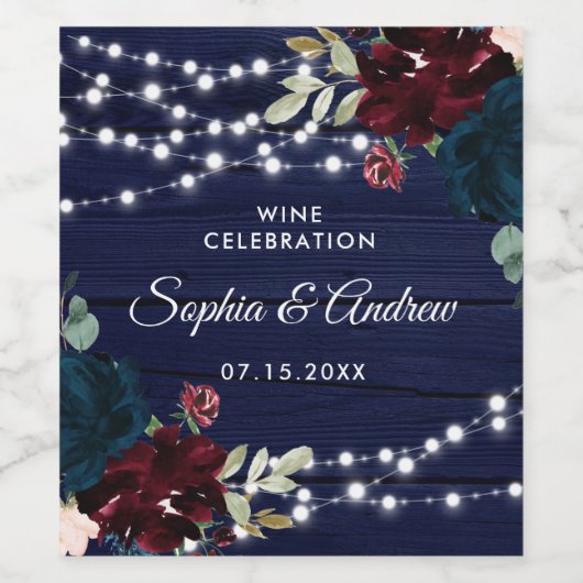 Rustiek Hout Marsala & Navy Blauwe Bloemen Wijn Etiket (Enkel label)
