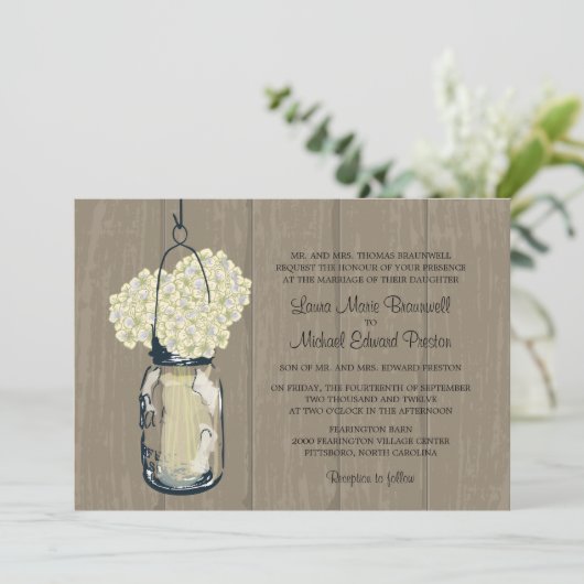 Rustiek Hout Mason Jar Hydrangeas Wedding Kaart (Staand voorkant)