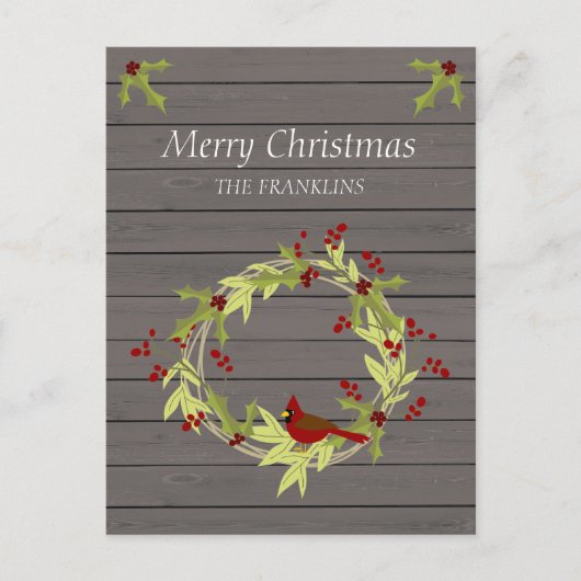 Rustiek hout met kerstkrans en zoete vogel feestdagenkaart (Voorkant)