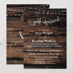 Rustiek hout met lichten, "Just Married"-calligraf Kaart
