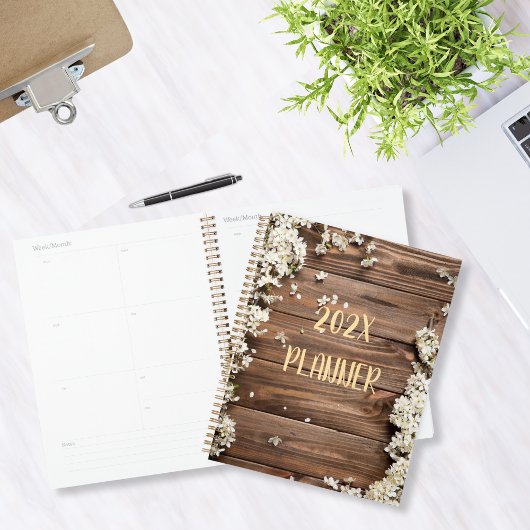 Rustiek hout met witte bloemen planner