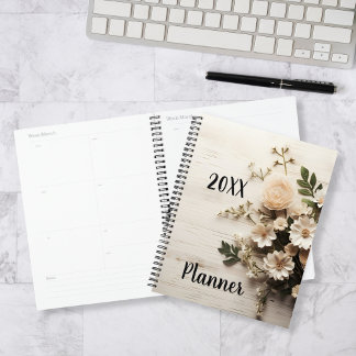 Rustiek hout met witte elegante bloemen planner