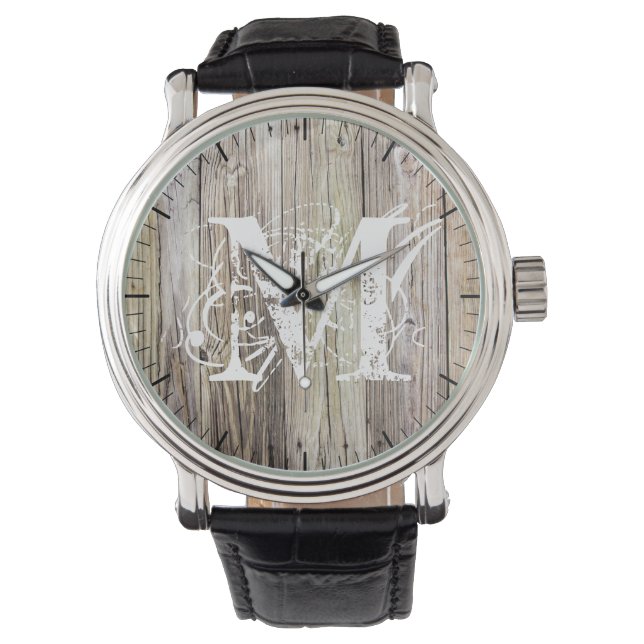 Rustiek hout monogram horloge (Voorkant)
