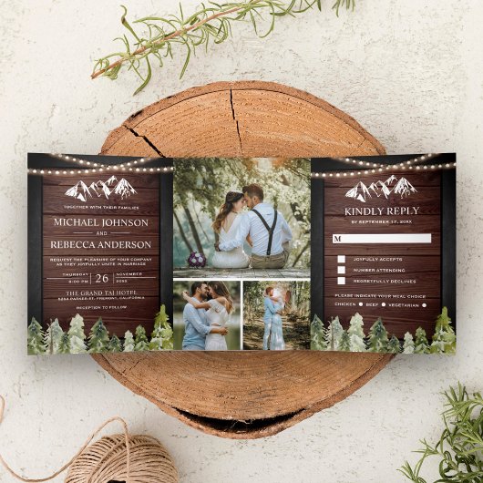 Rustiek Hout Mountain Forest Foto Collage Bruiloft Drieluik Uitnodiging