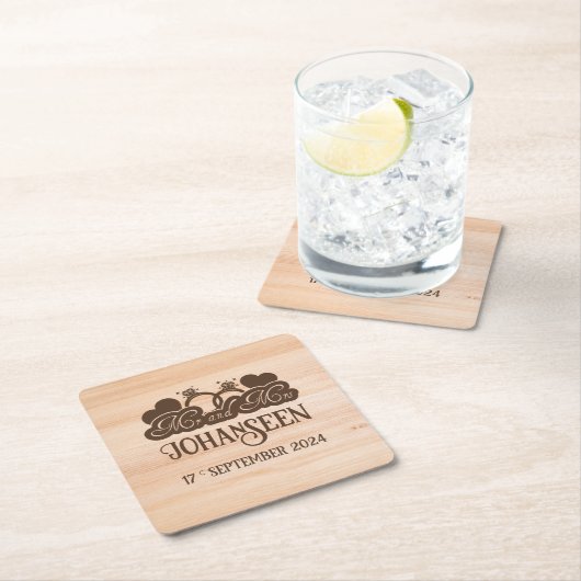 Rustiek hout Mr en Mrs bruidegom trouwgunst Vierkante Kartonnen Onderzetter (Insitu)