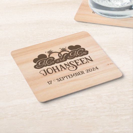 Rustiek hout Mr en Mrs bruidegom trouwgunst Vierkante Kartonnen Onderzetter (Schuin)