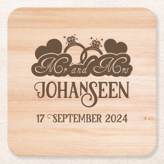 Rustiek hout Mr en Mrs bruidegom trouwgunst Vierkante Kartonnen Onderzetter (Voorkant)