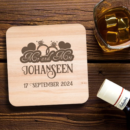 Rustiek hout Mr en Mrs bruidegom trouwgunst Vierkante Kartonnen Onderzetter