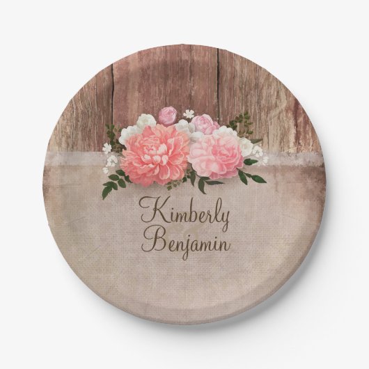 Rustiek Hout Oude Burlap Roze Bloemen Schuur Huwel Papieren Bordje (Voorkant)