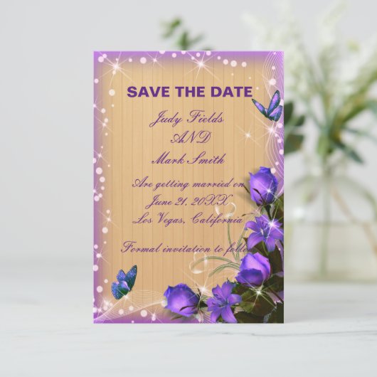 Rustiek Hout Paarse Bloemen Save The Date Kaart (Staand voorkant)