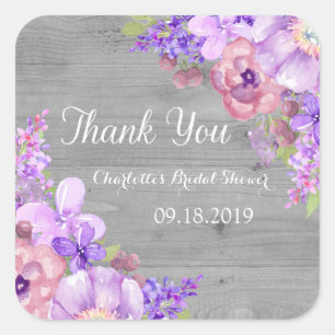 Rustiek Hout Paarse Bloemen Vrijgezellenfeest Favo Vierkante Sticker