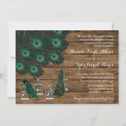 Rustiek Hout Pauw Veer Bruiloftsuitnodigingen Kaart (Voorkant)