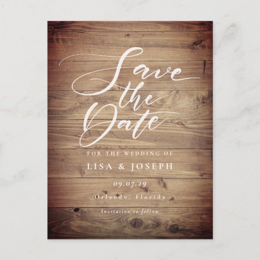Rustiek Hout QR Code Script Bruiloft Save the Date Briefkaart (Voorkant)