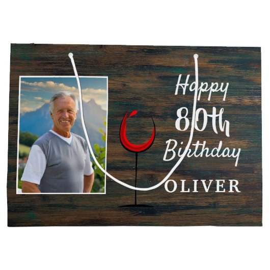 Rustiek Hout Rode Wijn Glas 80e Verjaardag Foto Groot Cadeauzakje (Achterkant)