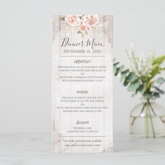Rustiek Hout Romantisch Shabby Rozen Bruiloft Menu (Staand voorkant)