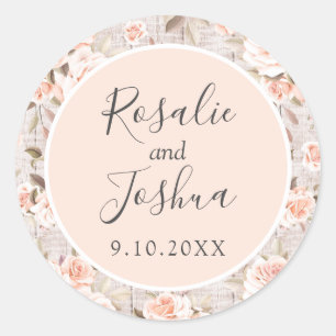 Rustiek Hout & Romantische Rozen Vervallen Trouwda Ronde Sticker