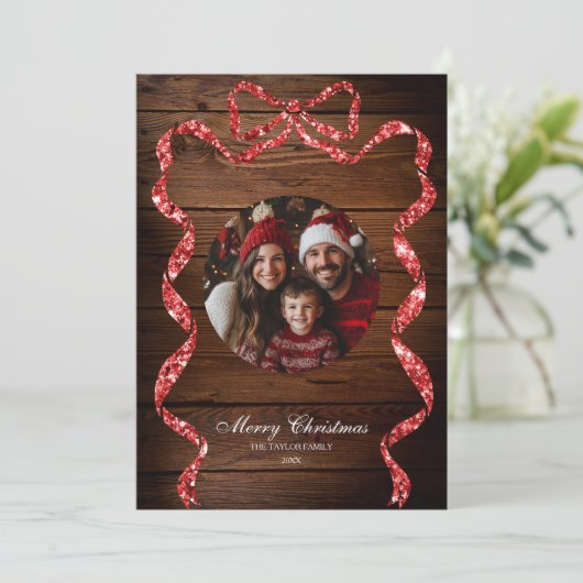 Rustiek Hout Rood Lint Foto Vrolijk Kerstmis Kaart (Staand voorkant)
