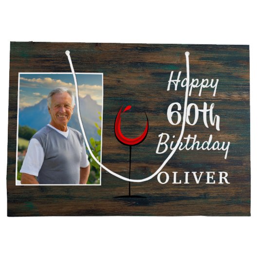 Rustiek Hout Rood Wijnglas 60e verjaardag Foto Groot Cadeauzakje (Achterkant)