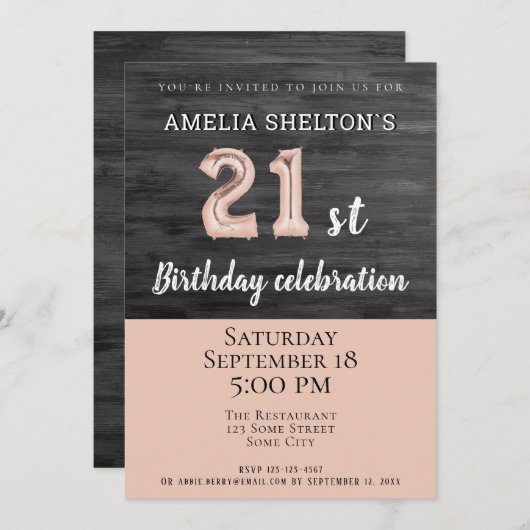 Rustiek Hout Roze Ballon 21ste Verjaardagsfeest Kaart (Voorkant / Achterkant)