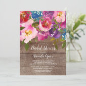 Rustiek Hout Roze Bloemen Bruids Douche Uitnodigin Kaart (Staand voorkant)