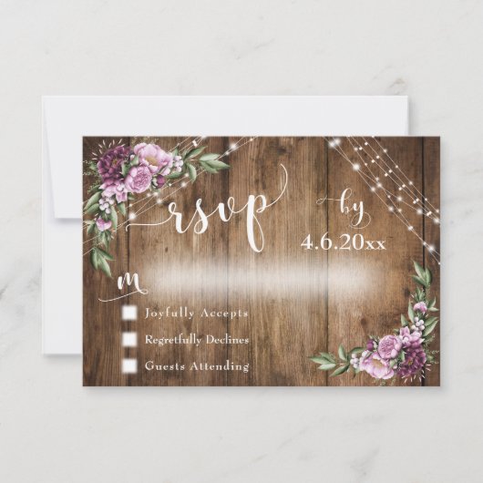 Rustiek Hout, Roze Bloemen & Lichten w / Typografi RSVP Kaartje (Voorkant)