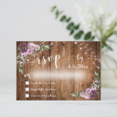 Rustiek Hout, Roze Bloemen & Lichten w / Typografi RSVP Kaartje (Staand voorkant)
