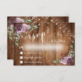 Rustiek Hout, Roze Bloemen & Lichten w / Typografi RSVP Kaartje (Voorkant / Achterkant)
