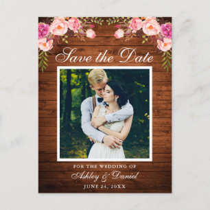 Rustiek Hout Roze Bloemen Save the Date Foto Aankondigingskaart