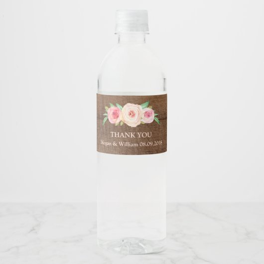 Rustiek Hout Roze Bloemen Water Fles Label Waterfles Etiket (Voorkant)