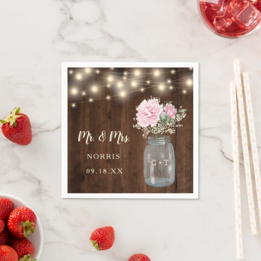Rustiek Hout Roze Pioen Bloemen Mason Jar | Bruilo Servet (Insitu)