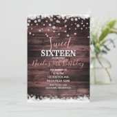 Rustiek Hout Roze Rose Snowy Winter Sweet 16 Party Kaart (Staand voorkant)