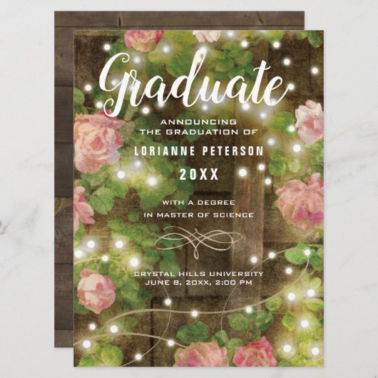 Rustiek Hout Rozen Bloemen String Lights Afstudere Aankondiging (Voorkant / Achterkant)