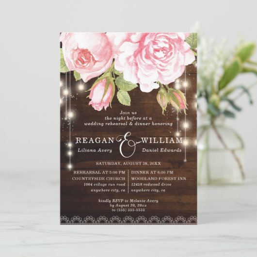 Rustiek Hout Rozen & Lichten Repetitie Diner Kaart (Staand voorkant)