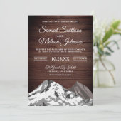 Rustiek hout sneeuw bedekte bergen bruiloft uitnod kaart (Staand voorkant)