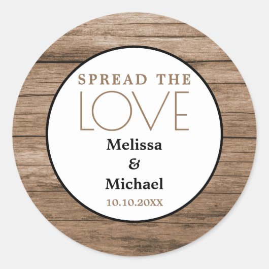 Rustiek hout spreid de liefde bruiloft gunst ronde sticker (Voorkant)
