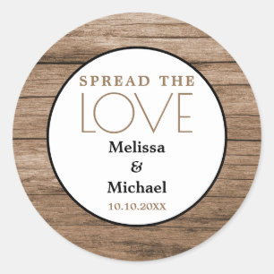 Rustiek hout spreid de liefde bruiloft gunst ronde sticker