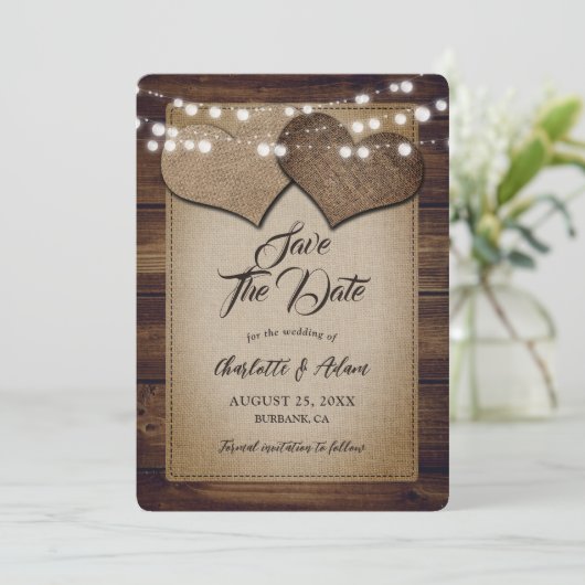 Rustiek Hout String Lichten Harten Hessische bruil Save The Date (Staand voorkant)