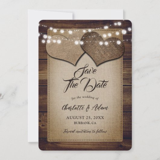 Rustiek Hout String Lichten Harten Hessische bruil Save The Date (Voorkant)