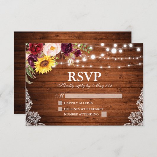 Rustiek Hout String Lichten Kant Bloemen Huwelijk RSVP Kaartje (Voorkant / Achterkant)