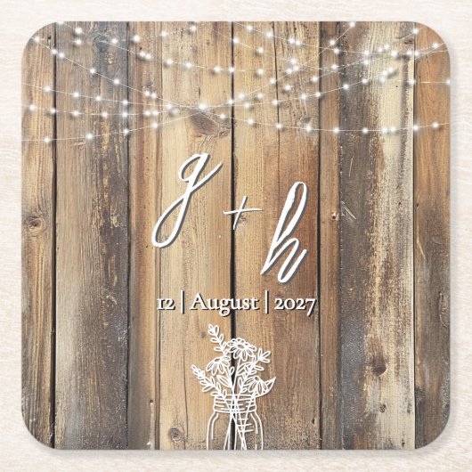 Rustiek Hout String Lights Mason Jar Elegant Favor Vierkante Kartonnen Onderzetter (Voorkant)