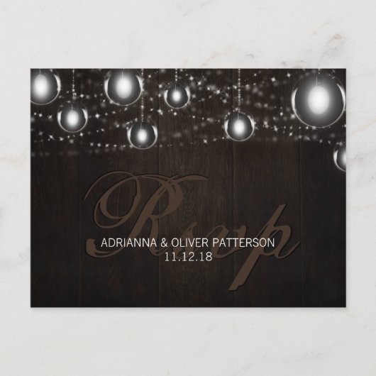 Rustiek Hout String Of Lights Wedding RSVP Uitnodiging Briefkaart (Voorkant)
