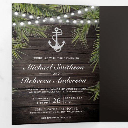 Rustiek hout tropische palmbladeren anker bruiloft drieluik uitnodiging (Binnenzijde eerst)