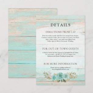 Rustiek hout Turquoise Bloemen Details / Routebesc Informatiekaartje