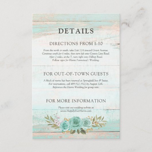 Rustiek hout Turquoise Bloemen Details / Routebesc Informatiekaartje (Voorkant)