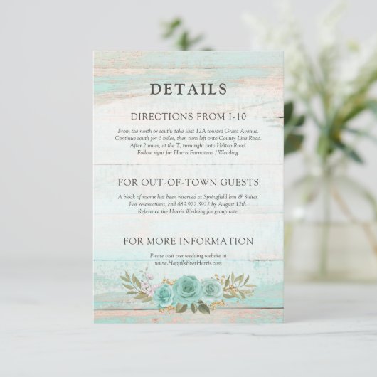 Rustiek hout Turquoise Bloemen Details / Routebesc Informatiekaartje (Staand voorkant)