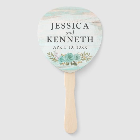 Rustiek hout Turquoise Bloemen Namen & Trouwdatum Handwaaier (Voorkant)