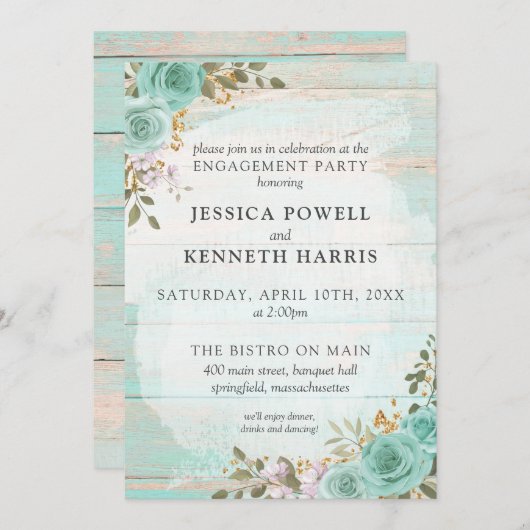 Rustiek hout turquoise bloemen verlovingsfeest kaart (Voorkant / Achterkant)