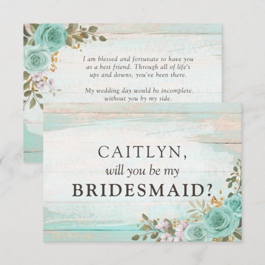 Rustiek hout turquoise bloemenbruids feestvoorstel kaart (Voorkant / Achterkant)
