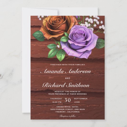 Rustiek Hout Verbrand Sinaasappel Roos Wedding Kaart (Voorkant)